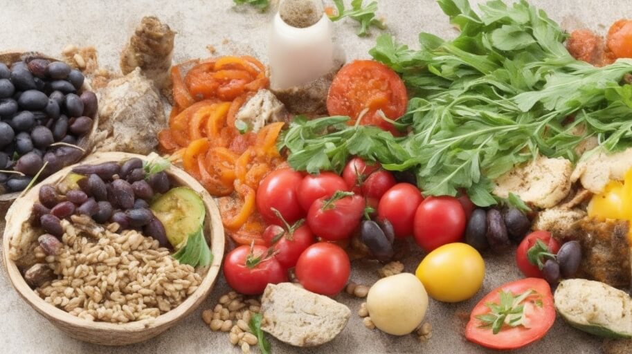 رژیم مدیترانه ای نقاشی از روغن زیتون، میوهها و سبزیجات تازه، لگومها، آجیلها، دانههای کامل و پروتئینهای کم چرب است.